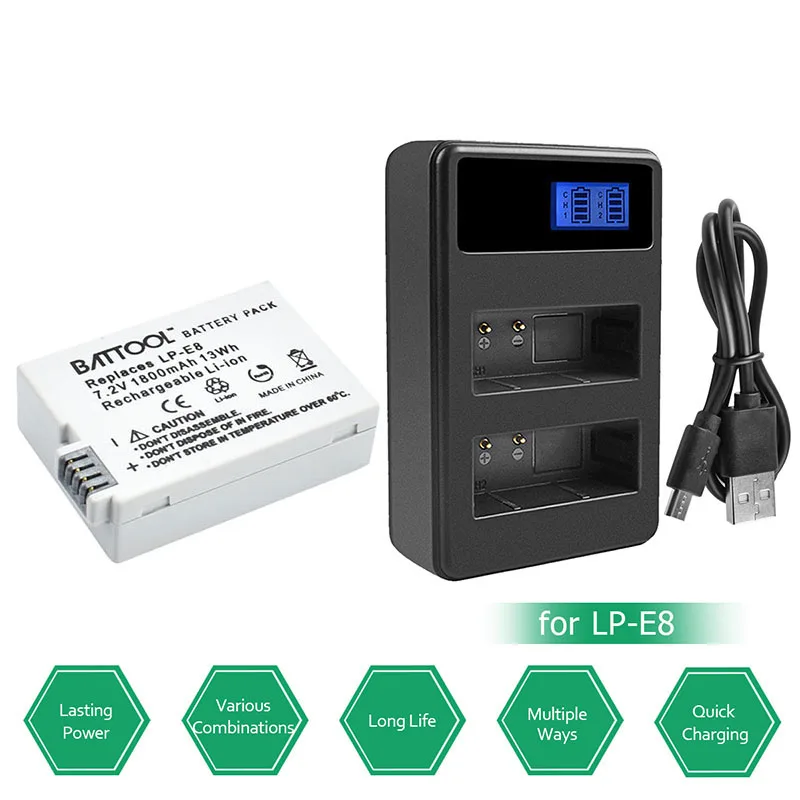 Battool LP-E8 LP E8 1800 mAh батареи LCD Dual Charger пакет для Canon Rebel T2i T3i T4i T5i поцелуй X4 X5 EOS 550D 600D 650D