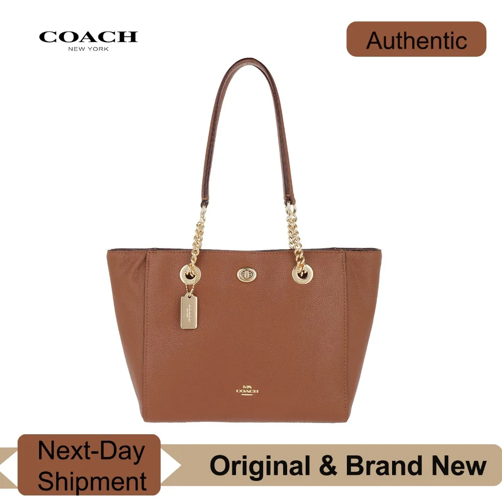 Coach Turnlock Chain Tote 27 из полированной галька кожи (1941 седло/золото) роскошные сумки для