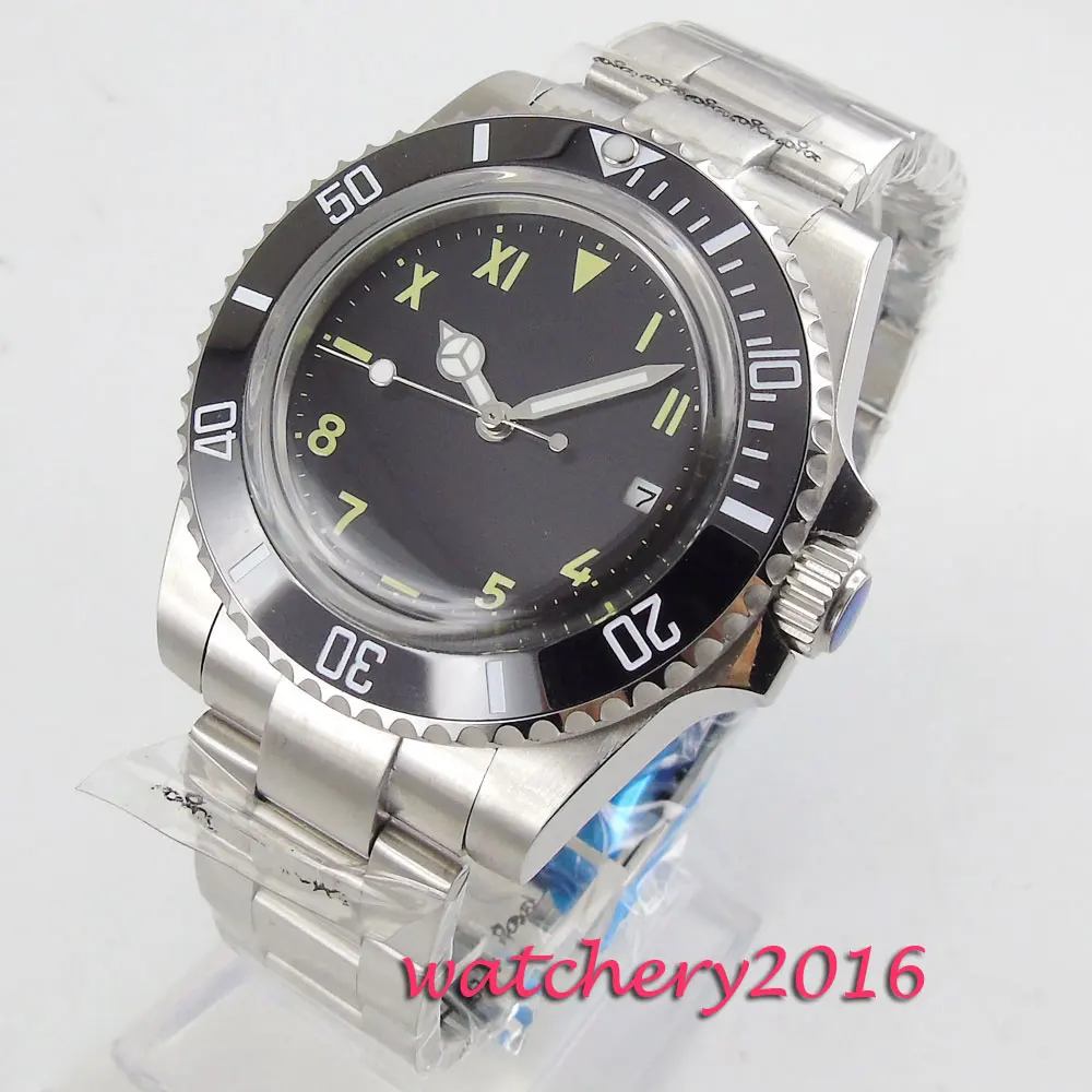 Новое поступление 40 мм черный стерильный циферблат Военная Дата нержавеющая