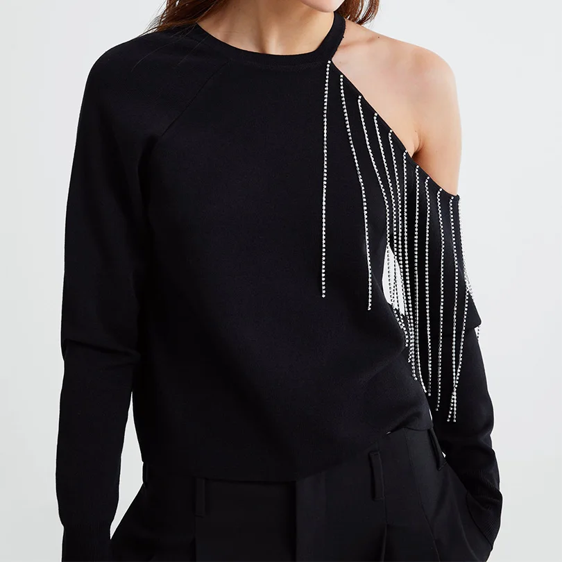 Arvinxia ZA Summer Solid Hollow Out Women Pullover New Off The Shoulder Long Sleeve Lady Sweaters Sexy Tassel O Neck Stylish Top | Женская