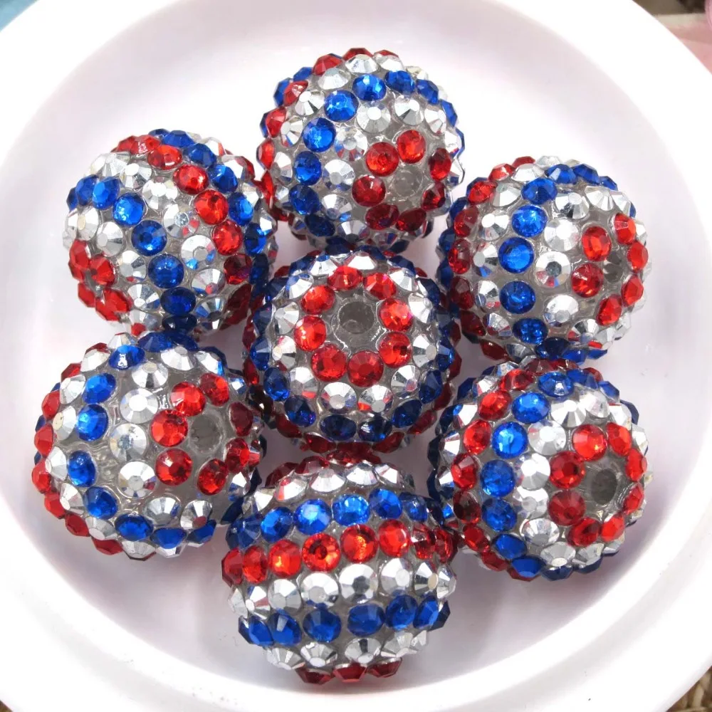 

New 20MM USA Flag Blue-Red Striped Chunky Resin Rhinestone Ball Beads DIY Accessories Beads For Bubblegum Girls Necklace Marking