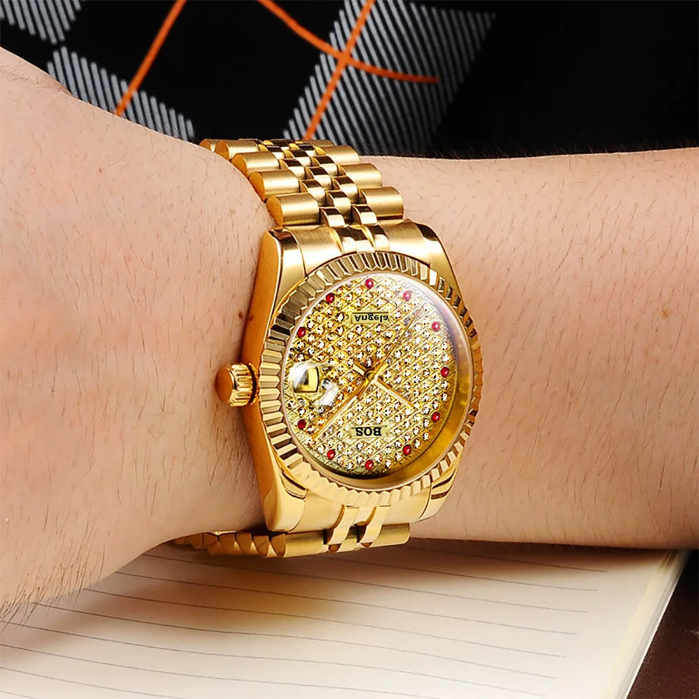 Анжела BOS Полный Стразы Серебряные часы Для мужчин Одежда высшего качества