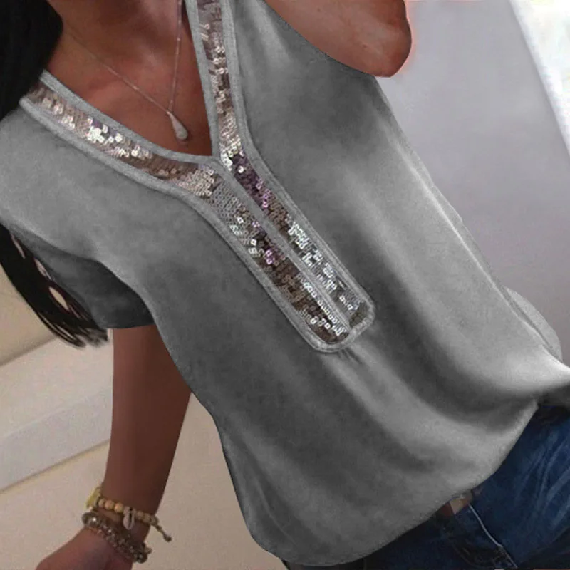 02 Gray Fanbety 5XL Женская Сексуальная шифоновая блузка с v-образным вырезом и пайетками блузка для офиса женские блузки топы летние элегантные офисные женские блузки Топы - Цвет: 02 Gray