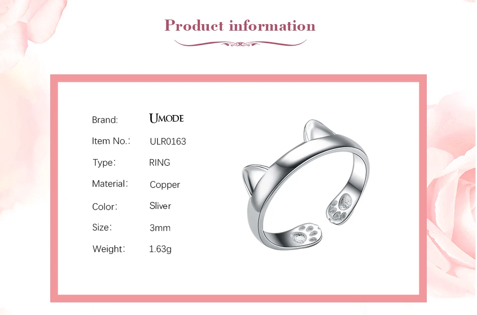 UMODE, новинка, подлинные, 925 пробы, серебряные, кошачьи серьги, кольца для женщин, серебряные ювелирные изделия, Открытое кольцо с котом, бижутерия для женщин, подарок, ULR0163