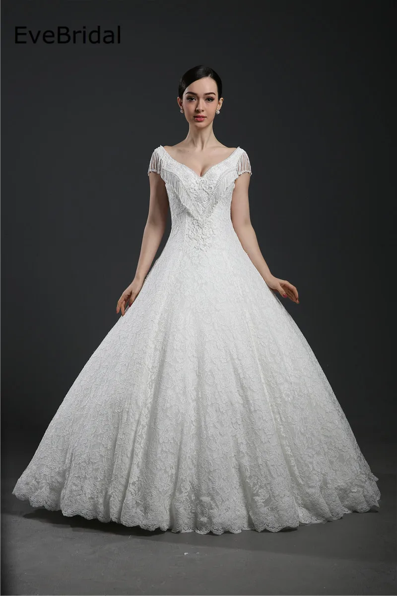 

Lace A Line V neck Backless Lace Crystals Beading Floor Length Wedding Dress Bride Gown Robe De Mariage