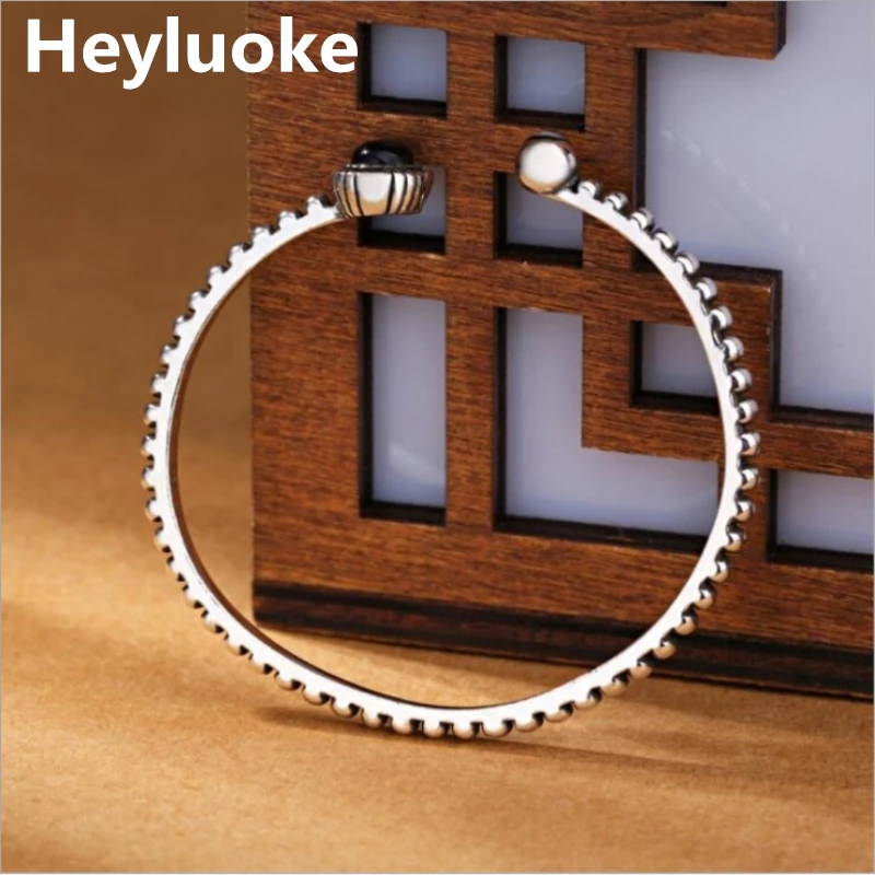HEYLUOKE Новое поступление ретро 925 стерлингового серебра ювелирные браслеты личности круглые с черными камнями твист дикие изысканные браслеты