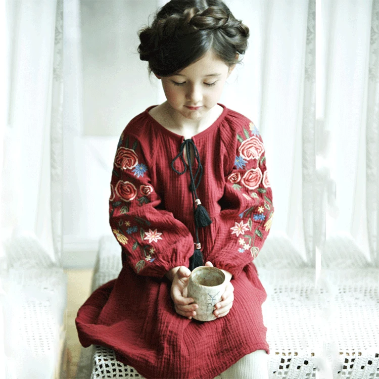 Baby Girls Teens Dress Long Sleeve Vestidos 2019 Spring Autumn Christmas with Embroidery Cotton Linen Dresses Kids Clothes | Детская