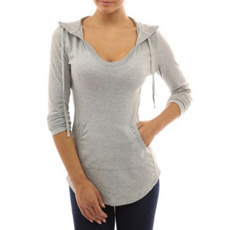 Для женщин с длинным рукавом Slim Fit капюшоном сплошной v образным вырезом пуловер Толстовка Лидер