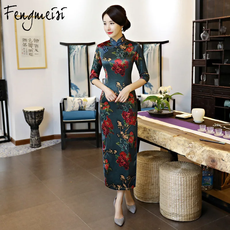 Fengmeisi Для женщин Ципао для девочек длинные Qipao Китайский Стиль шелк сексуальное