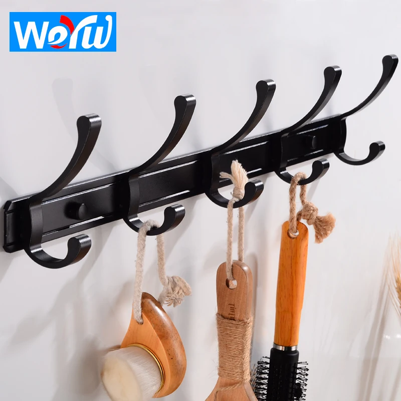 Robe Hooks Wall Mounted Clothes Hook Hangers Space Aluminum Black Towel Door Decorative Coat Rack Bath Accessories | Обустройство