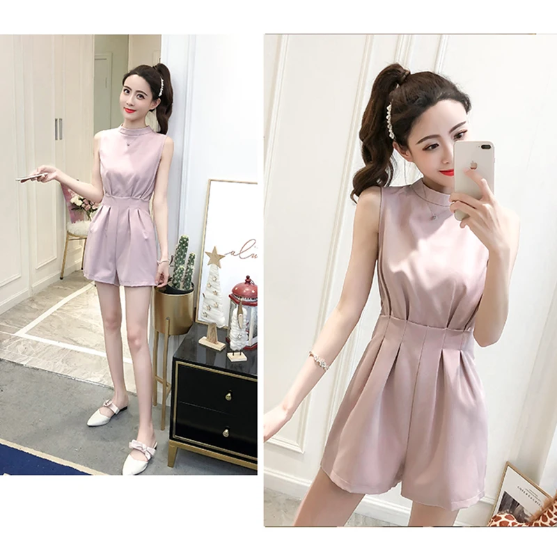 

2020 summer Waist slim slimming jumpsuit women high-quality fashion large size sleeveless vest jumpsuit wide-leg shorts female