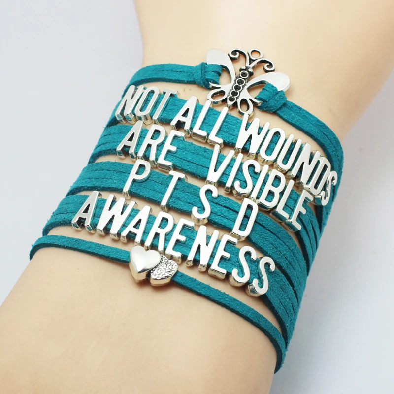 Teal Wide Velvet Band Multi Layers Butterfly Not All Wounds Are Visible PTSD Anxiety Awareness Letters Heart Charms Bracelet | Украшения и