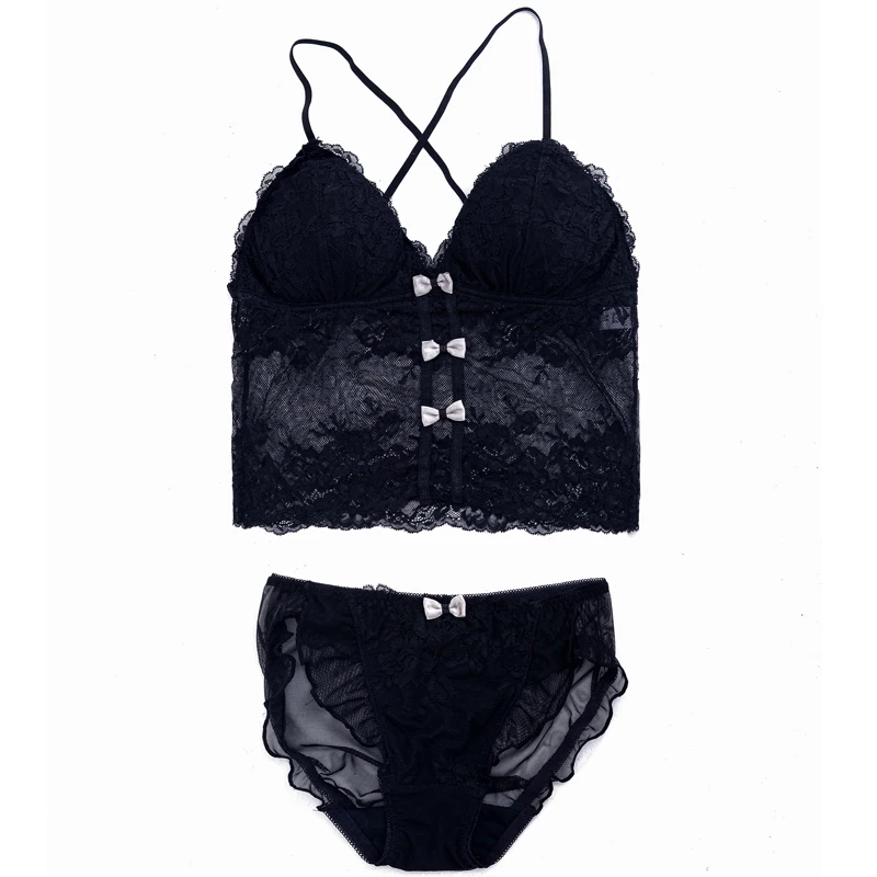Summer beauty render vest back lace bra female fairy girl underwear set lovely bowknot triangle cup biustonosz brassiere stanik