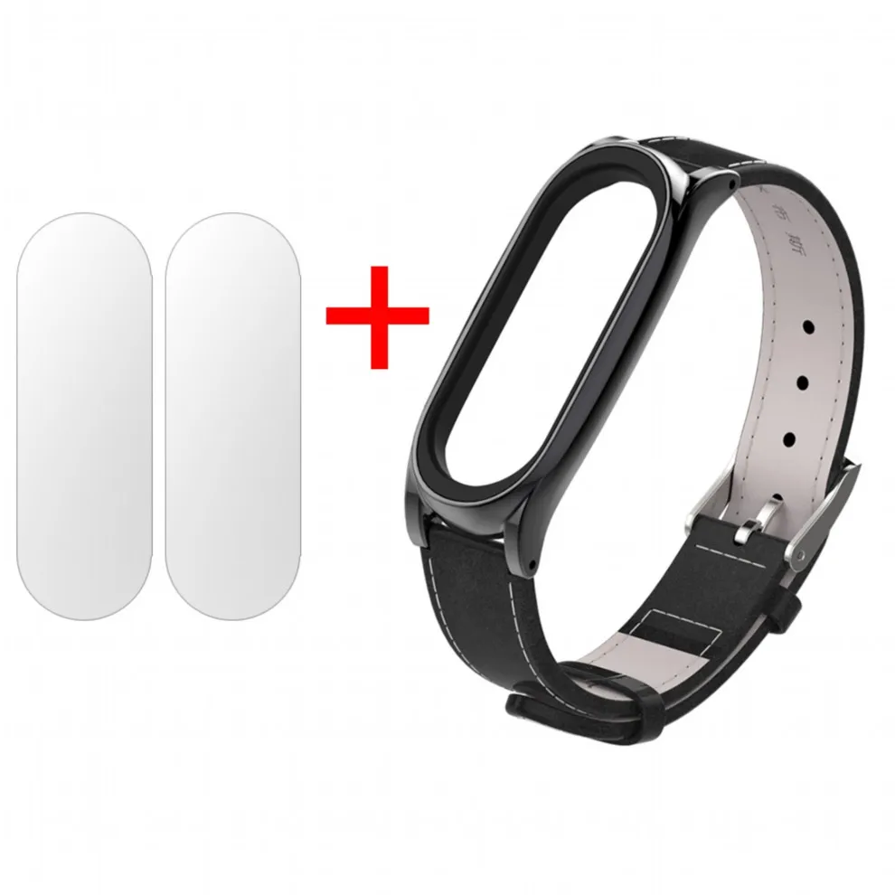 Black With Film Ремешок для Xiaomi mi Band 3 из натуральной кожи, ремешок на запястье, Безвинтовой браслет, умный ремешок, Сменные аксессуары для mi Band 3 - Цвет: Black With Film