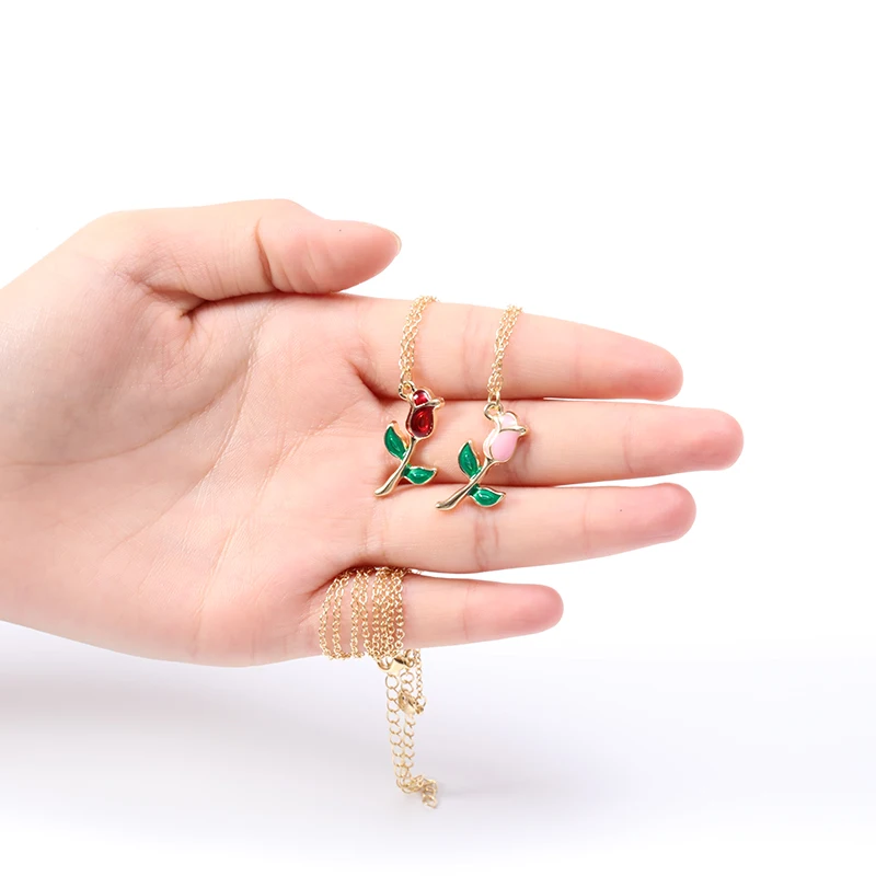 

10PCS Cartoon Colorful Crimson or Pink Colors Rose Flower with Green Leaf Pendant Chain Necklaces for Women Graduation Gifts