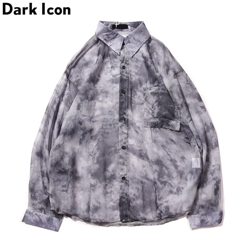 Dark Icon Tie Dyeing Turn-Down Collar Mush Shirts Men 2019 Autumn Street Hip Hop Thin Men’s Shirt Long Sleeve Blue/Grey | Мужская