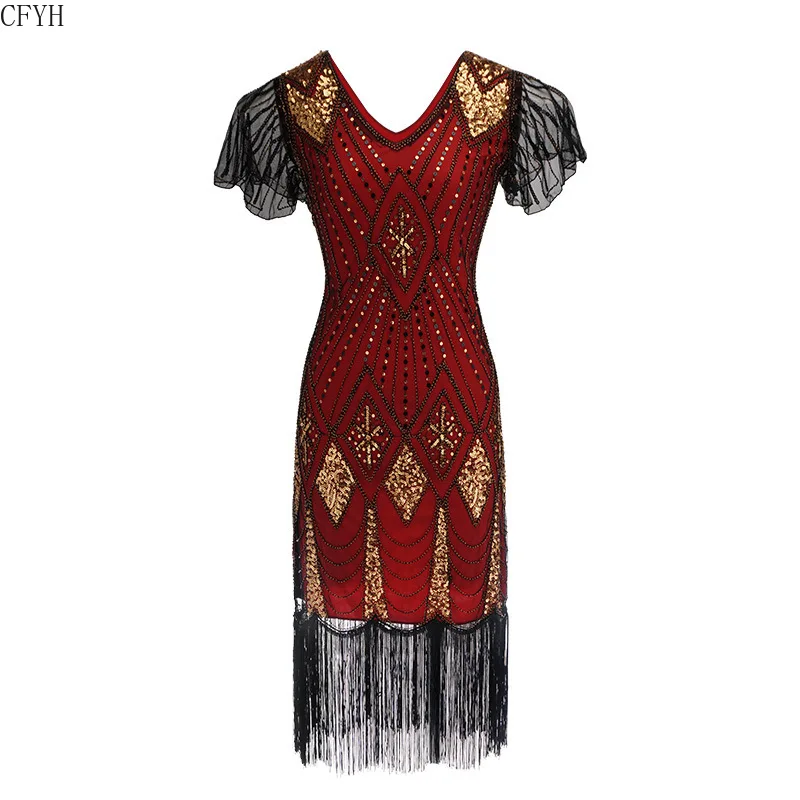 Great Gatsby Платье женское 1920 S винтажные блестки Арт Деко двойные платья с блестками винтажные вечерние платья с v-образным вырезом Украшенные бахромой