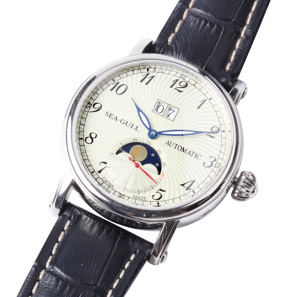 Seagull Moon Phase Авто Дата часы из натуральной кожи выставочный желтый циферблат