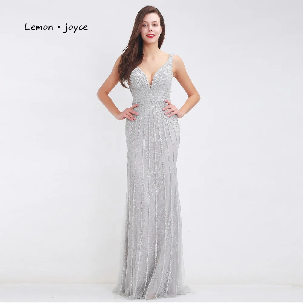 Lemon joyce Formal Gray Evening Dresses Long 2020 Sexy Deep V-Neck Backless Elegant Party Prom Gowns Plus Size | Свадьбы и торжества