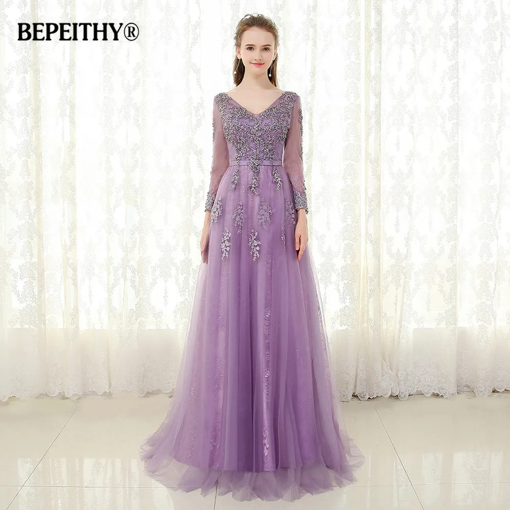 

BEPEITHY Purple Long Evening Dress Full sleeves Vestido De Festa 2021 Lace Vintage V-neck Elegant Prom Gowns Robe De Soiree
