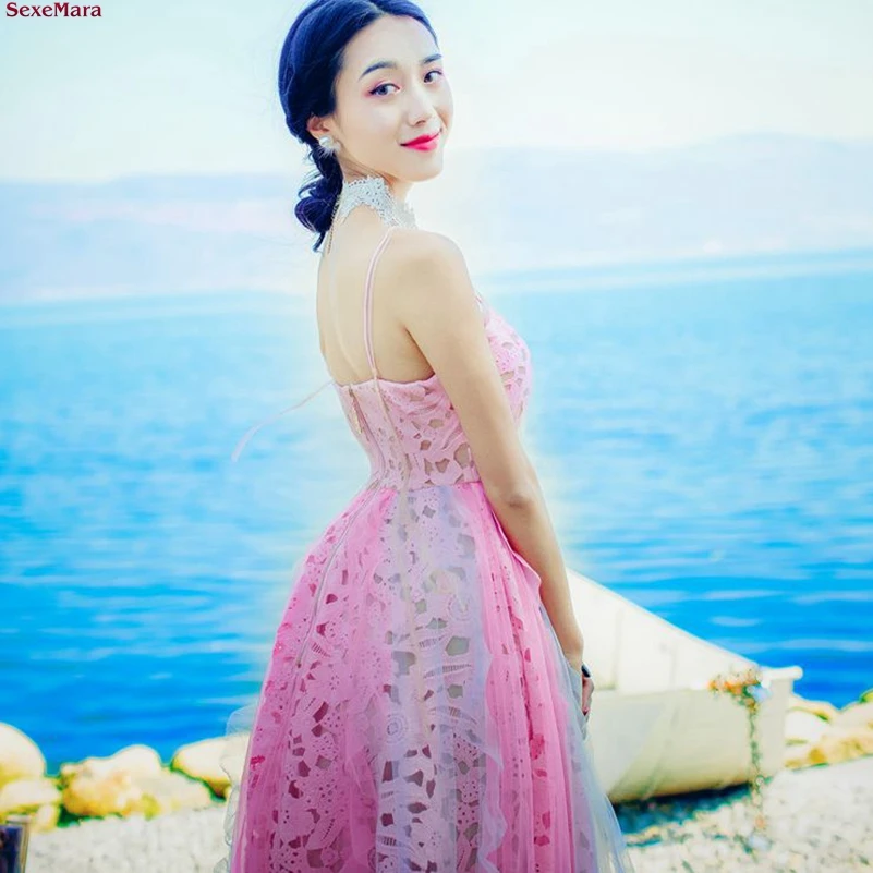 SexeMara fashion The New Backless Sling V collar Lace Splice rainbow Net yarn Holiday Beach dress Free shipping | Женская одежда