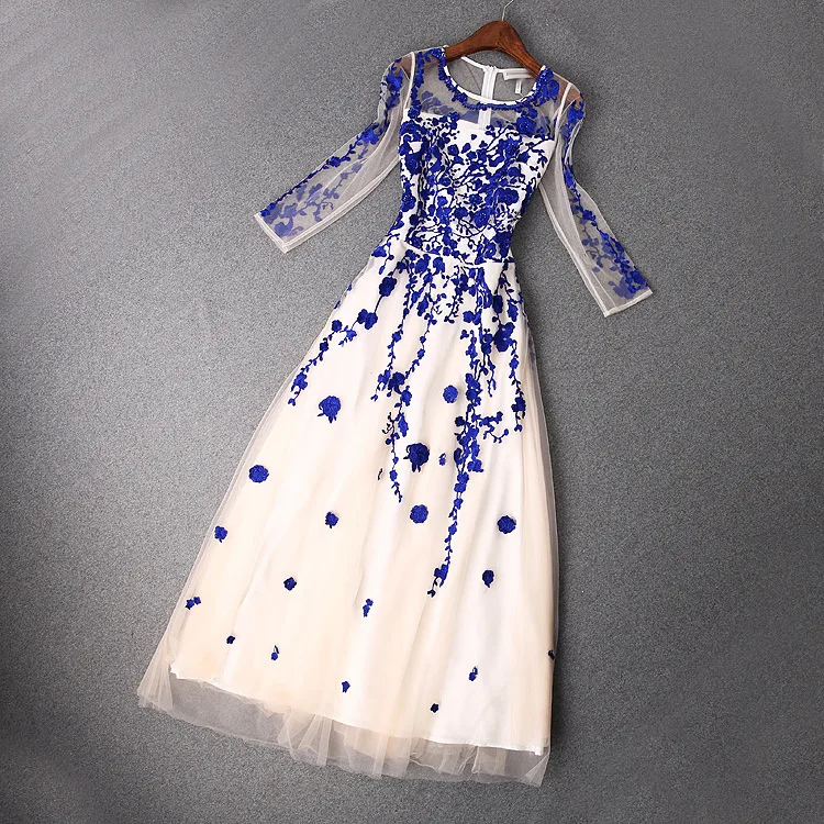 Женское газовое платье длинное бальное с вышивкой рукавом 2016 для свадьбы и