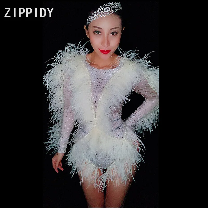 Bling Silver Rhinestones Pearls Spandex White Feather Bodysuit Women's Birthday Celebrate Nightclub Singer Dance Show Costume