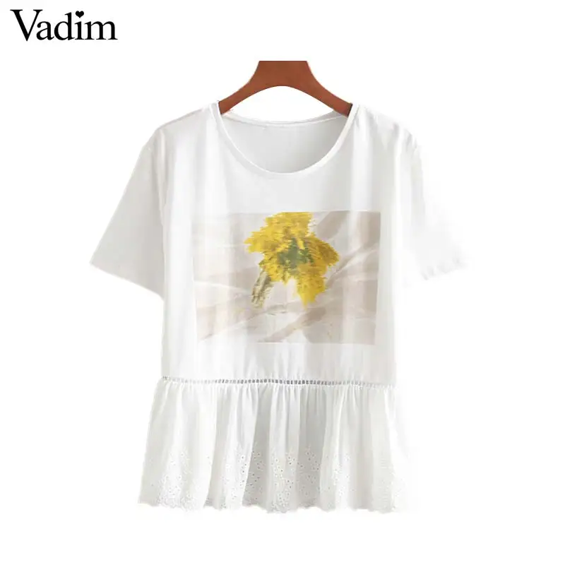 Vadim Женская белая футболка с цветочным принтом Вышивка Полые футболки коротким