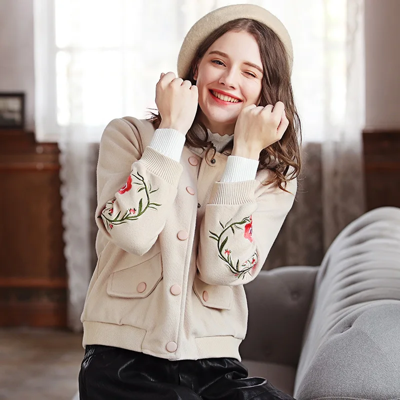 Sweet O-neck Short Wool Coat Covered Botton Blend and Jacket Embroidery Solid Women Coats Autumn Winter | Женская одежда
