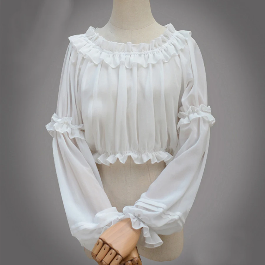 Spring Summer Women Chiffon Short Lolita Shirt Gothic Victorian Blouse Girls Casual Bottoming Shirt White Black Corset Tops