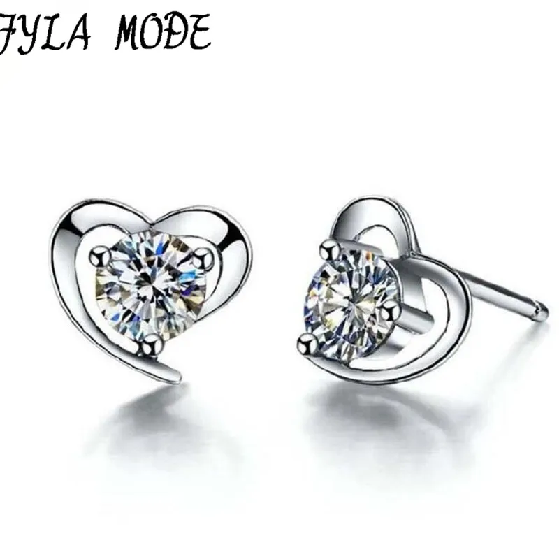 925 стерлингового серебра кристалл сердце серьги гвоздики с CZ Циркон для женщин и