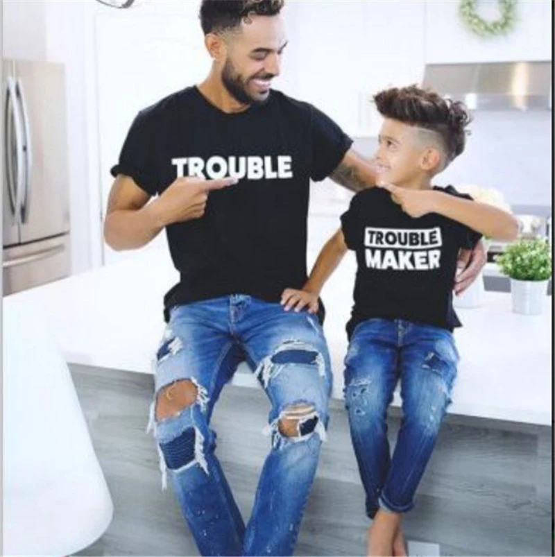 Trouble & Trouble Maker-Camiseta a juego para padres e hijos, ropa para padres e hijos, ropa familiar-0