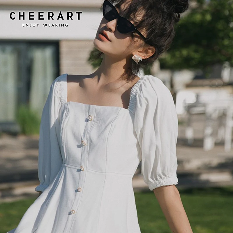 Летнее платье-туника Cheerart с квадратным вырезом и жемчужными пуговицами женское