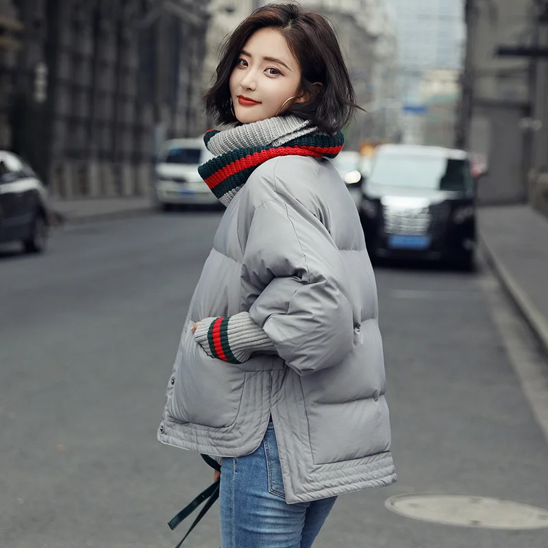 

2018 Winter Jacket Coat Women Warm Down Cotton Padded Short Parkas Bread Style new Fashion Bomber solid hooded Coats Thic scarf