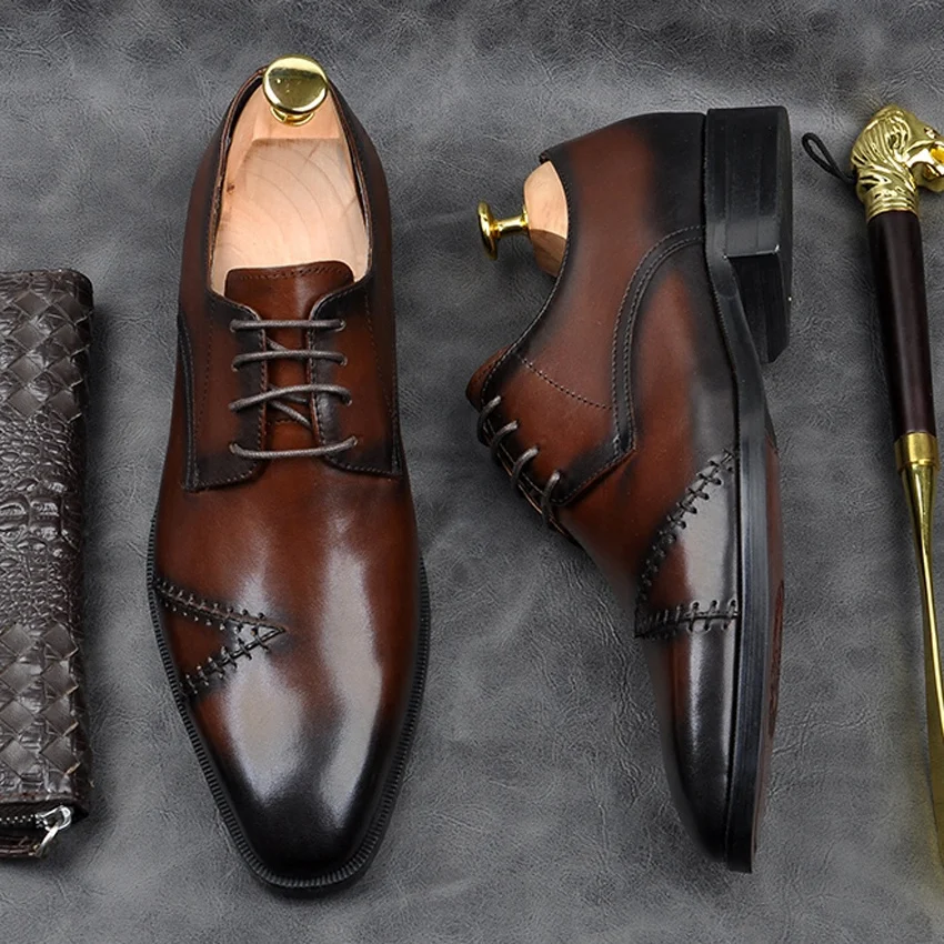 

Retro Genuine Leather Formal Office Men's Derby Oxfords Shoes Vintage Square Toe Handmade Wedding Party Footwear AM119
