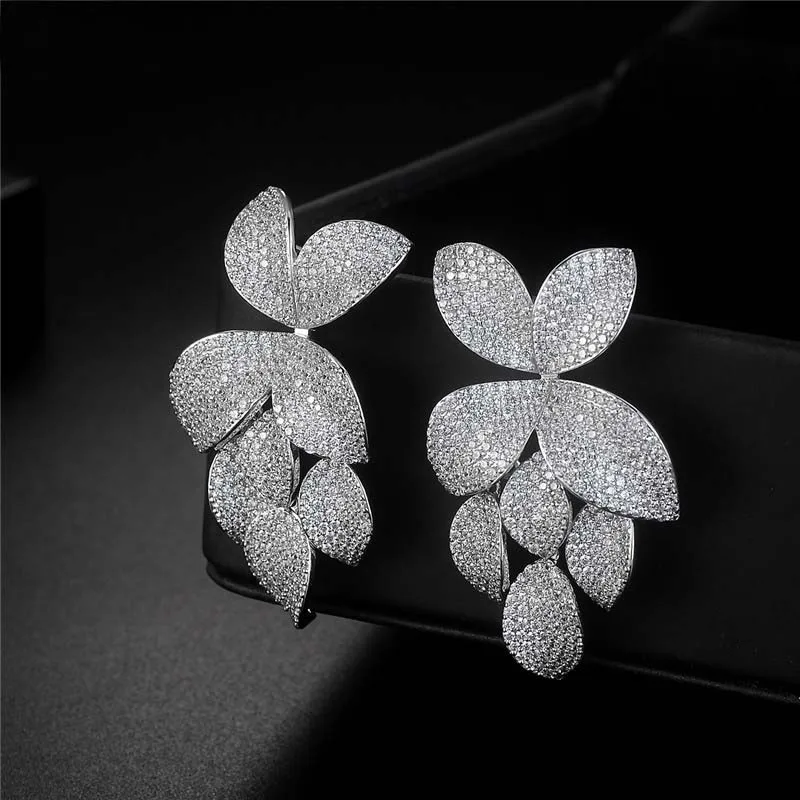 Janekelly Роскошные micro pave настройки AAA фианит листьями серьги-капли платье Патри