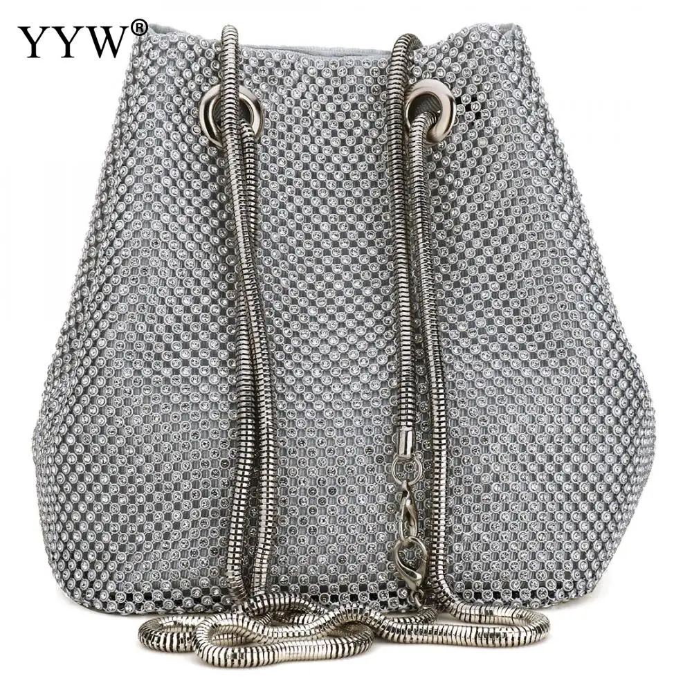 

Gold Zinc Alloy Bucket Bag Sac Main Femme Small Clutch With White Rhinestones Fashion Shoulder Bag Lovely Wedding Bag With Stone