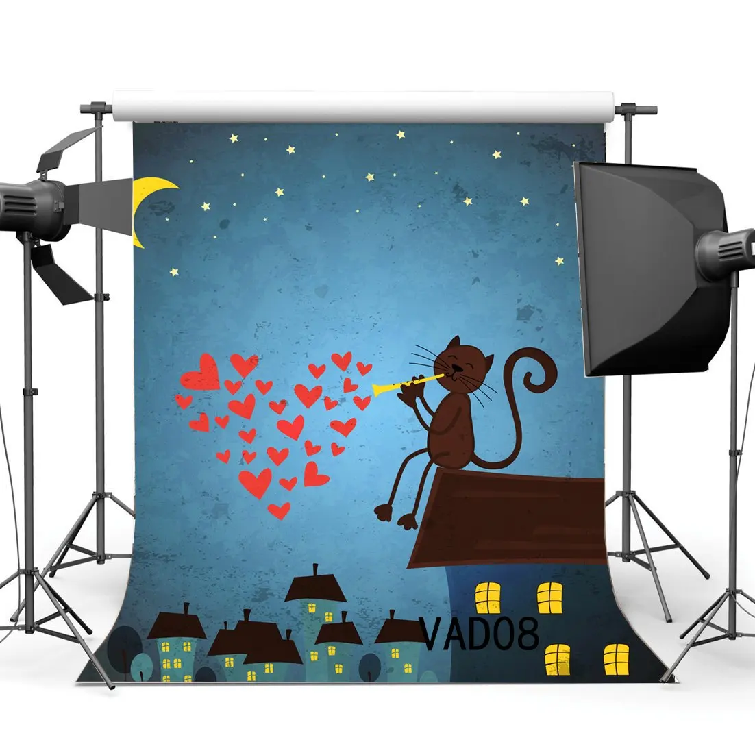 Фотофоны День Святого Валентина Красное сердце Звездная ночь кошка дом сцена