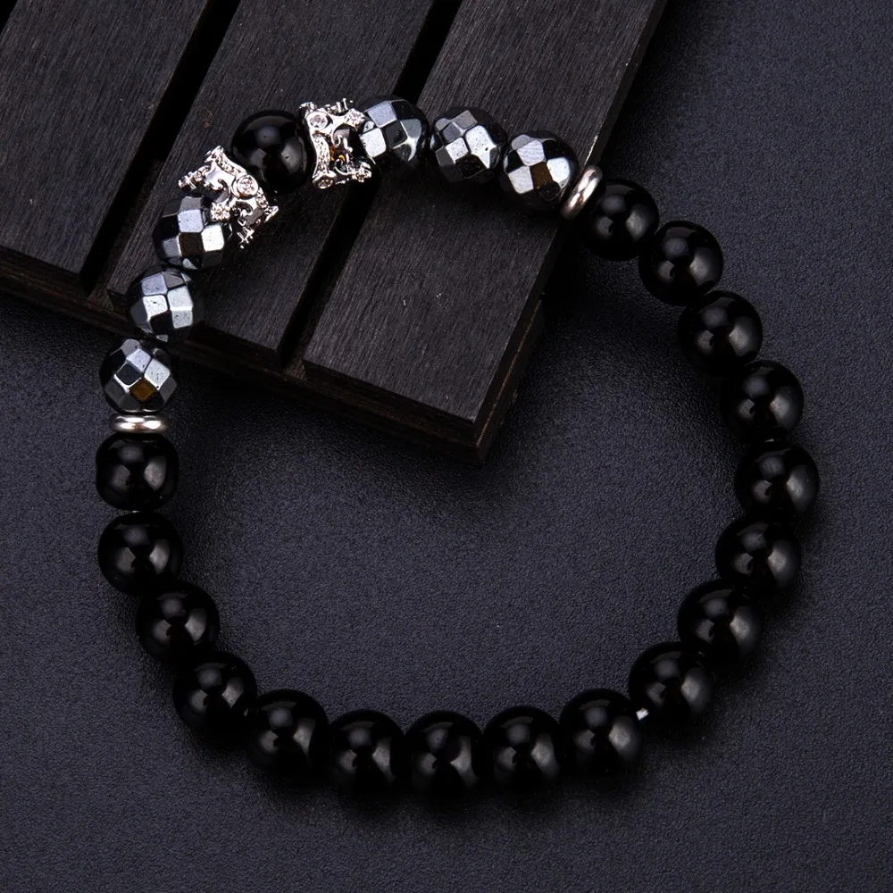 Мужской браслет Noter новый дизайн с двойной милой короной обсидиан гематит Braclets