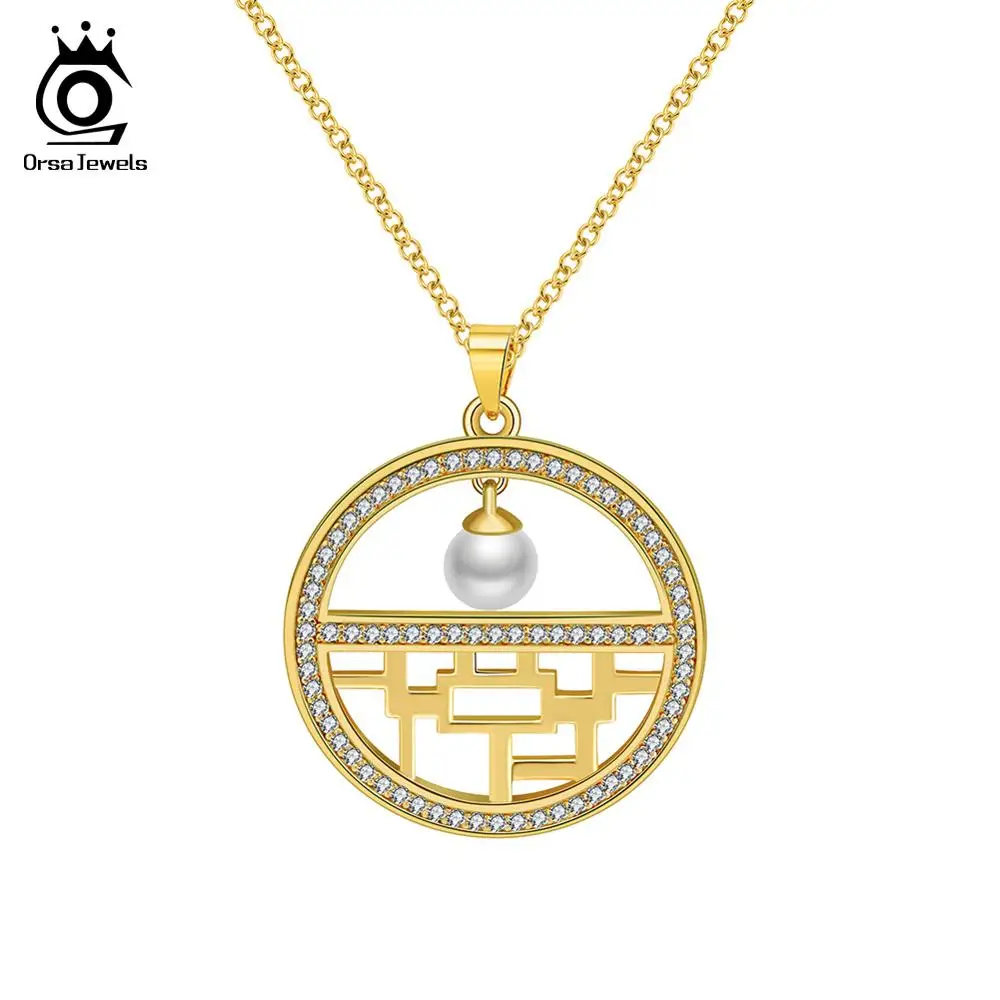 Gold Color ORSA JEWELS, ожерелье для женщин, Китай, цветочный узор, окно, выдолбленный, с настоящим жемчугом, AAA CZ, женские свадебные украшения ON152 - Окраска металла: Gold Color