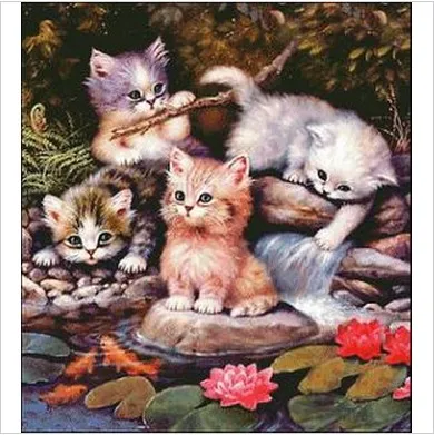Factory Shop Cross Stitch Kit Three Playing Cat Animal Water High Quality Free Shipping | Дом и сад