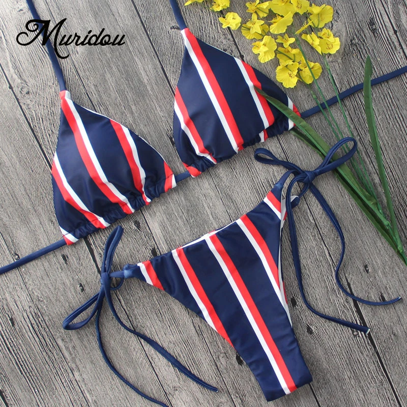 Muridou 2018 полосатый бикини бразильские Плавки Плавание костюмы Teeny Bikini мини одежда