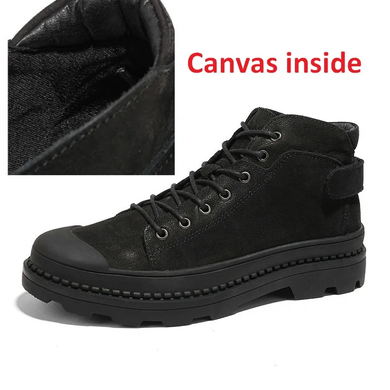 Canvas inside black Мужские ботинки из натуральной кожи; модные дизайнерские Брендовые ботильоны с теплым мехом внутри; Мужская зимняя обувь; ботинки; большие размеры 37-46 - Цвет: Canvas inside black
