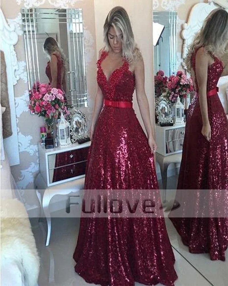 

Burgundy Sequined Evening Dress long 2019 Sexy V-Neck Beaded Formal Evening Party Dresses Prom Gowns Robe De Soiree Abendkleider