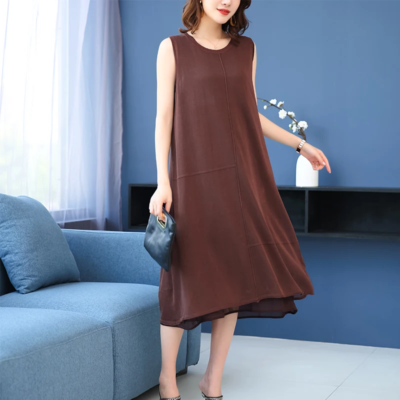 

Fashion design women sleeveless knit dress two-double A-line dress summer elegant ladies with chiffon