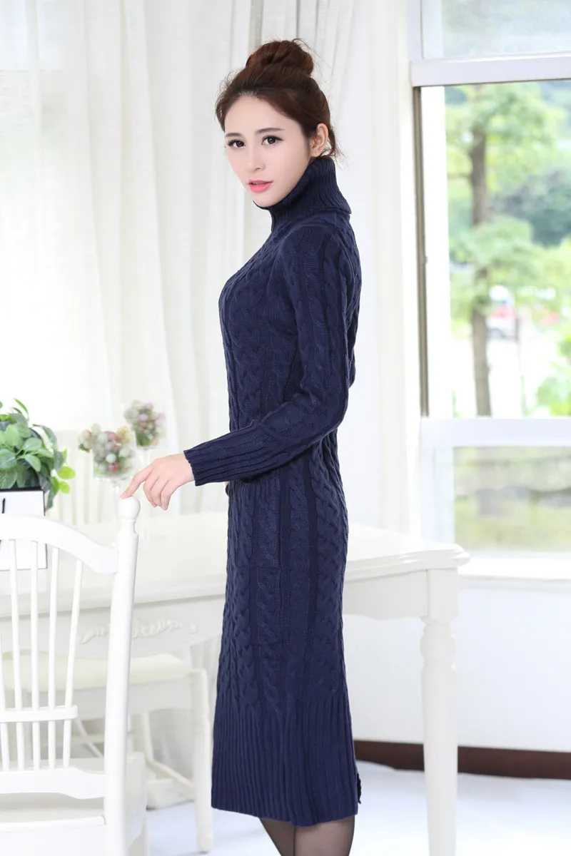 dark blue style 1 Осенне-зимний свитер с высоким воротом, Женский вязаный пуловер с разрезом, длинный свитер, платье, Pull Femme, толстый свитер, пуловеры, платье C3685 - Цвет: dark blue style 1