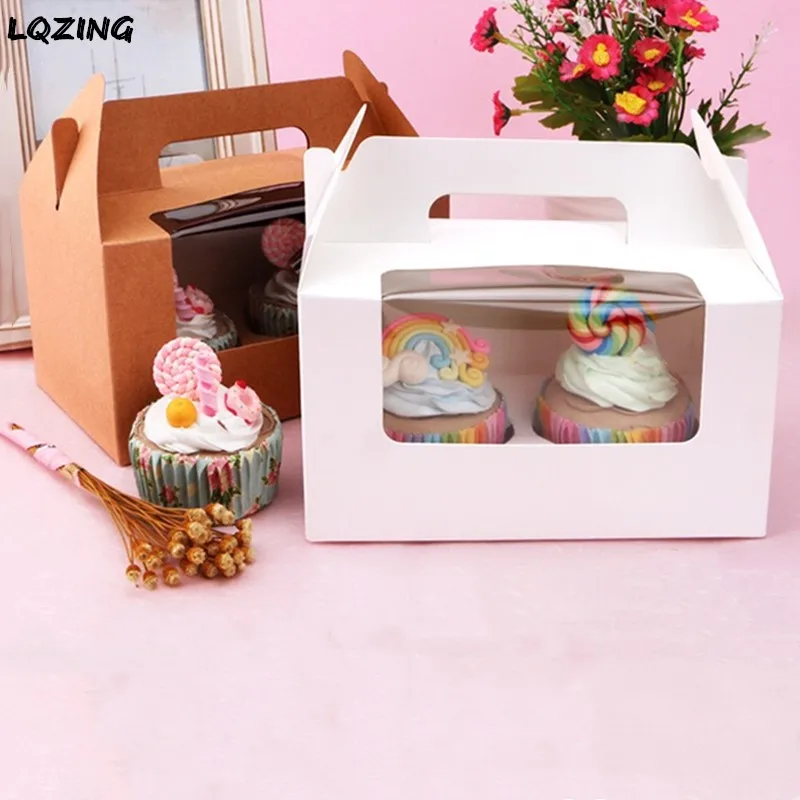 Розовый/белый/крафт-бумага коробка для кексов с ПВХ окном чашка торта Свадебная