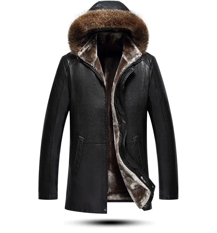 Новая длинная плотная теплая куртка Cuir Homme высокого качества с воротником из натурального меха мужские зимние кожаные куртки