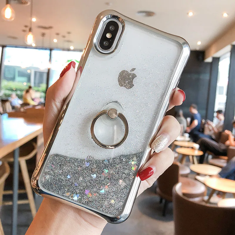 Quicksand Phone Case For iPhone X 7 8 6 6s Plus XR XS Max Bling Dynamic Liquid Love Hearts Sequin Ring Kickstand Back Cover Capa | Мобильные