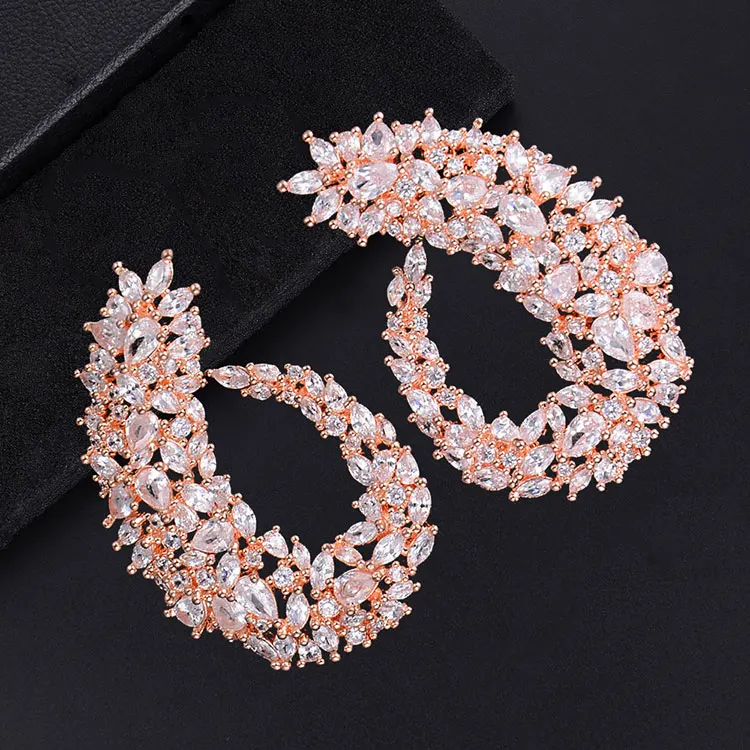 Rose Gold GODKI Известный Дизайн Роскошные популярные Геометрические цветы полный Mirco проложили кубического циркония свадебные серьги Модные ювелирные изделия - Окраска металла: Rose Gold